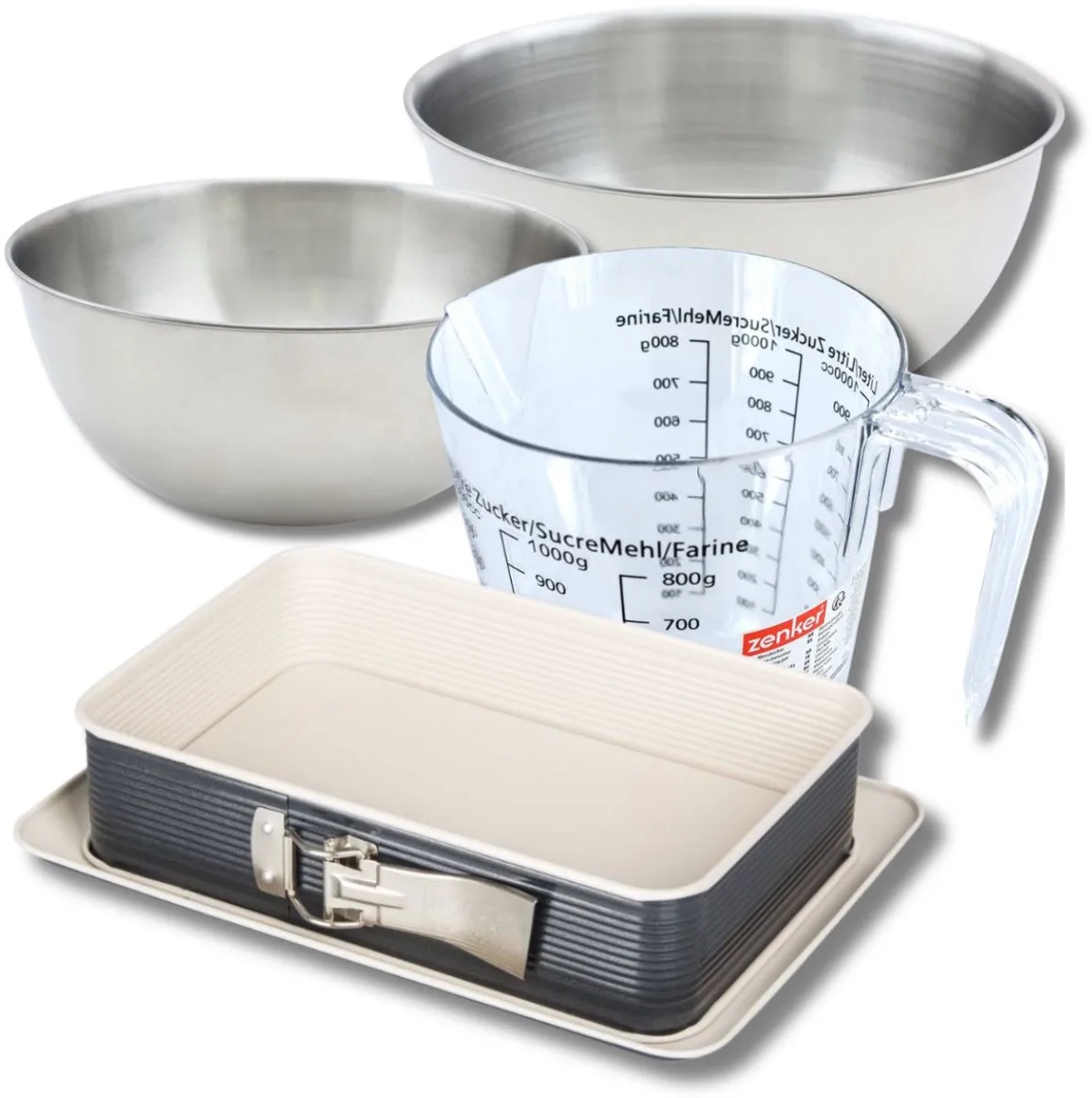 Bakkersset met springvorm 28 x 18 cm, 2 mengkommen, maatbeker en spatel Zenker von Zenker in Schwarz, Weiß – Produktfoto