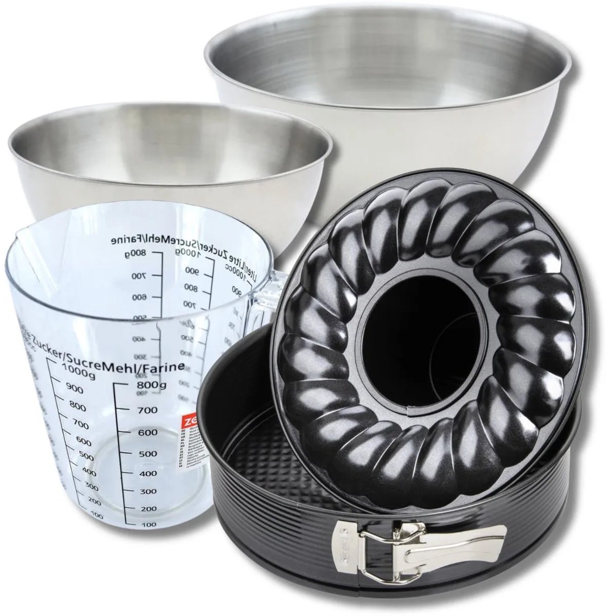 Bakkersset met springvorm en savarinvorm 26 cm, 2 mengkommen, maatbeker en spatel Zenker van Zenker in Zwart – productfoto