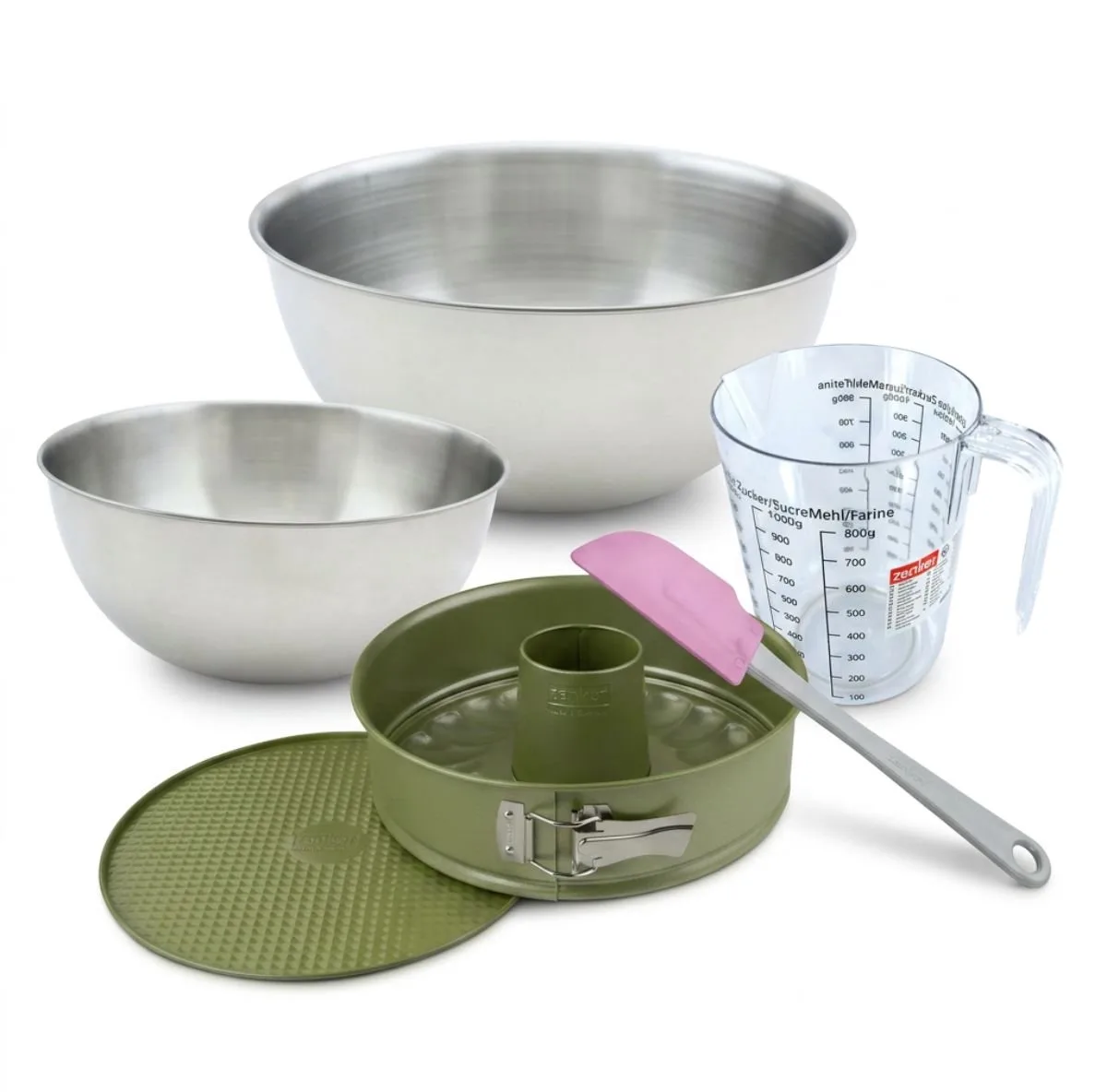 Bakkersset met springvorm en savarinvorm 26 cm carnaubawascoating, 2 mengkommen, maatbeker en spatel Zenker von Zenker in Groente – Produktfoto