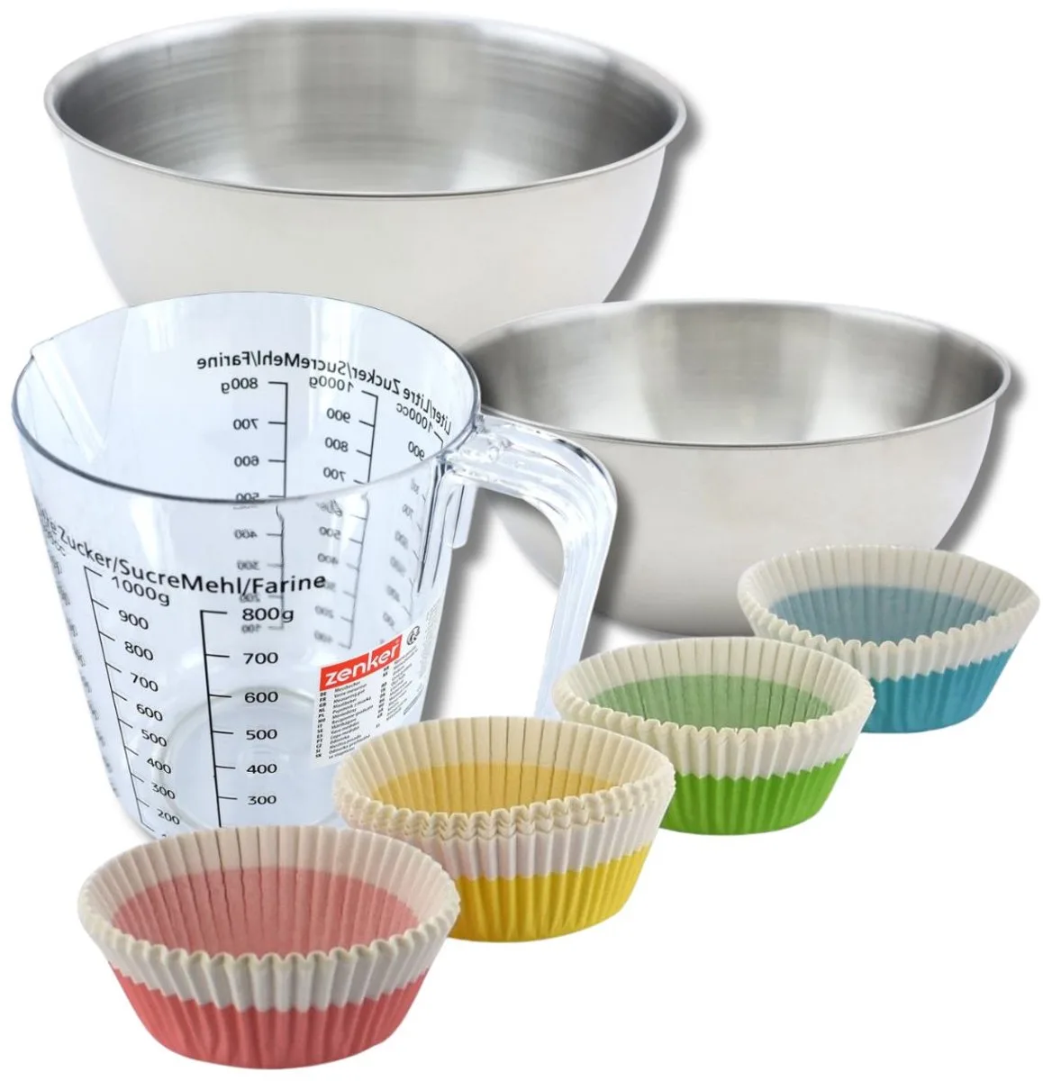 Bakset met 100 papieren muffinvormpjes 5 cm, 2 mengkommen, maatbeker en spatel Zenker van Zenker in Wit, Groen, Geel, Blauw, Roze – productfoto