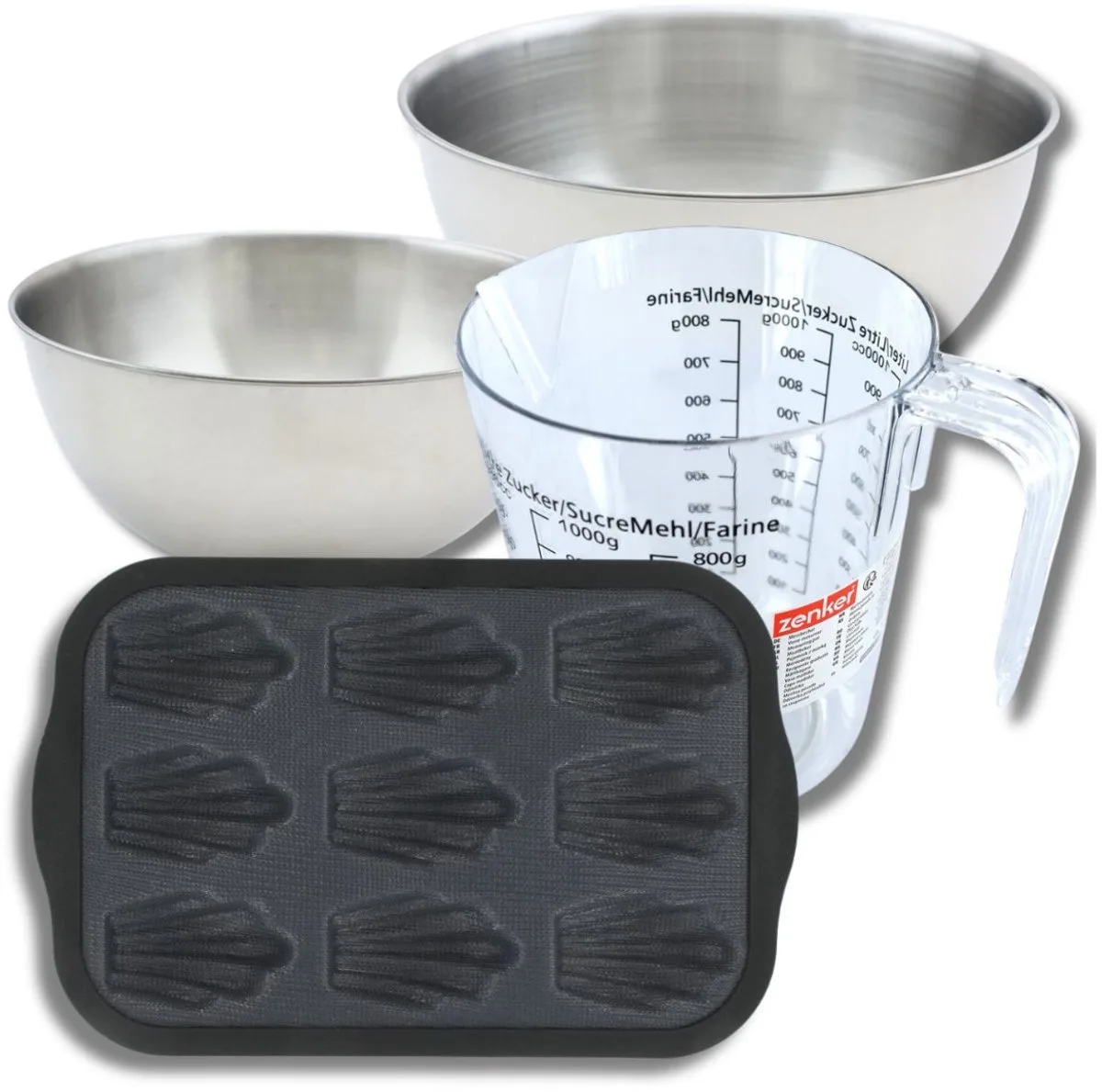 Bakset met 9 madeleinevormpjes 28 x 18 cm van siliconen, 2 mengkommen, maatbeker en spatel Zenker van Zenker in Zwart, Grijs – productfoto