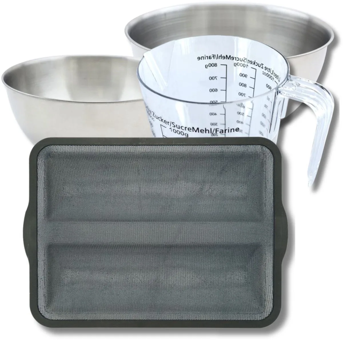 Bakset met bakvorm voor 2 stokbroden 36 x 26 cm van siliconen, 2 mengkommen, maatbeker en spatel Zenker fra Zenker i Sort, Grå – produktbillede