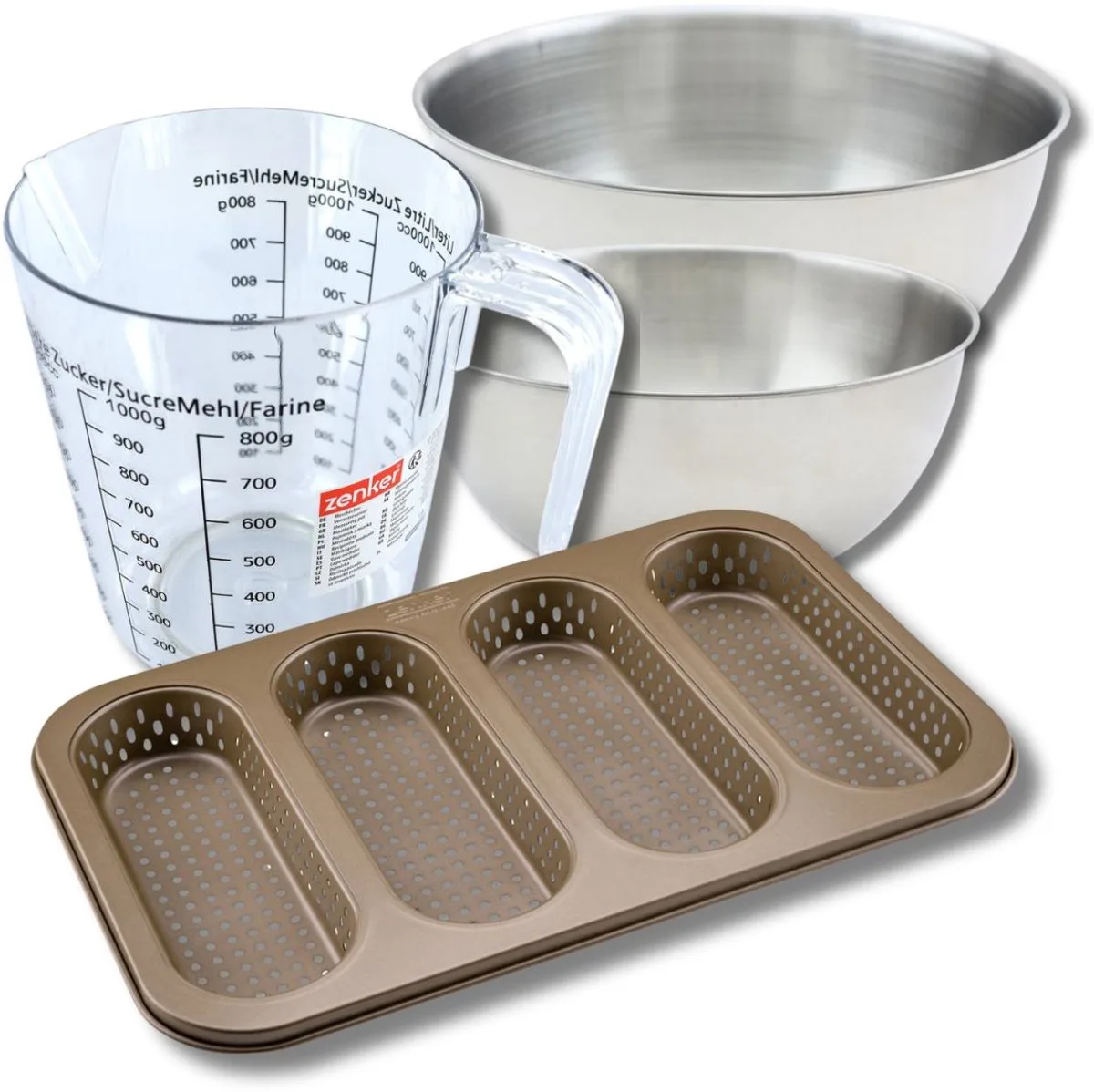 Bakset met geperforeerde bakvorm voor 4 mini baguettes 33 x 22 cm van staal, 2 mengkommen, maatbeker en spatel Zenker von Zenker in Gold – Produktfoto