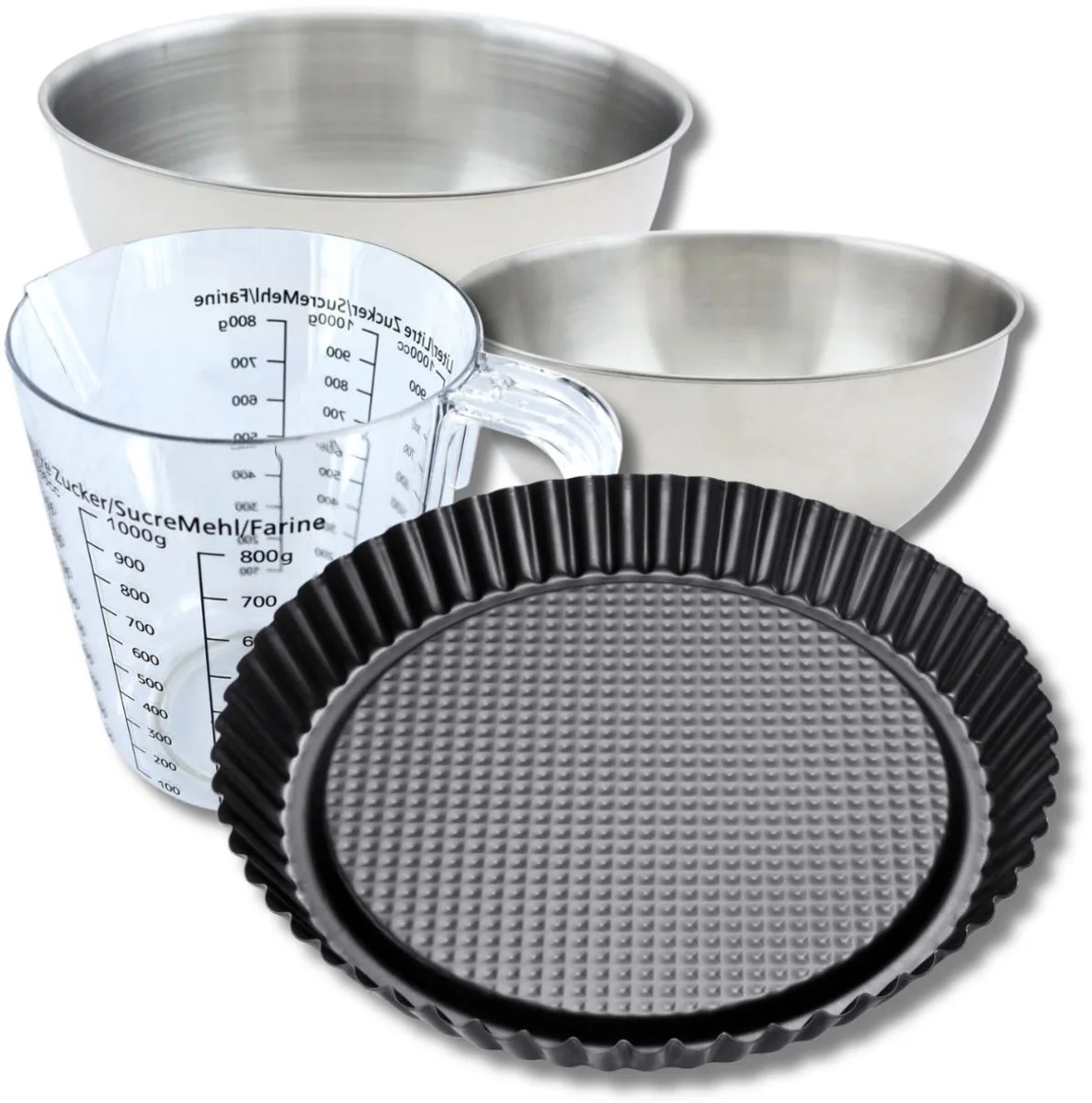 Bakset met omgekeerde taartvorm 30 cm, 2 mengkommen, maatbeker en spatel Zenker från Zenker i Svart – produktbild