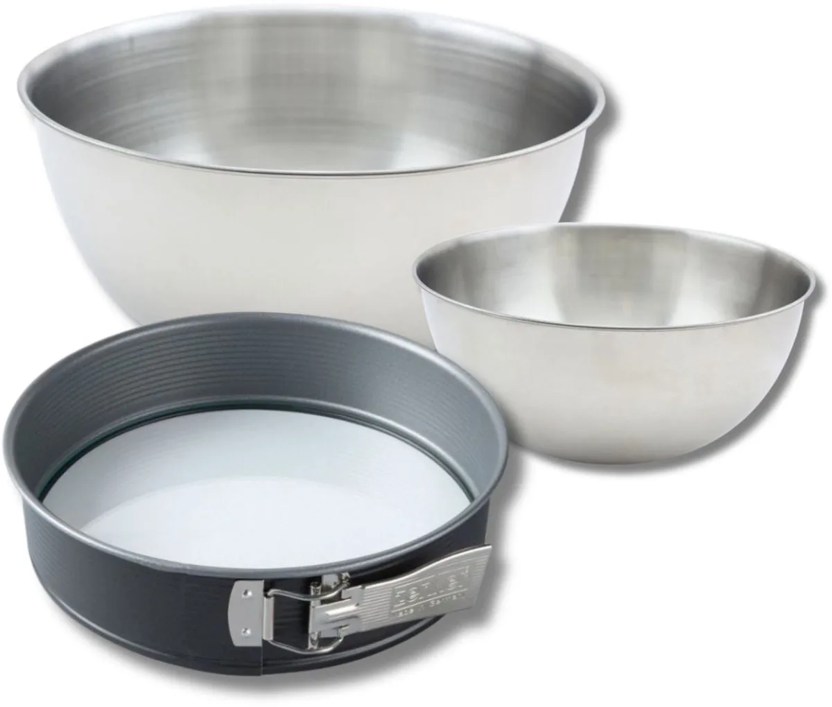 Baksset met 1 springvorm van 26 cm met glazen bodem, 1 spatel Zenker en 2 roestvrijstalen mengkommen Fackelmann fra Zenker i Grå – produktbillede