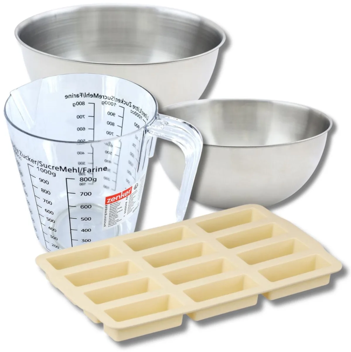Baksset met bakvorm voor 12 mueslirepen, 2 mengkommen, maatbeker en spatel Zenker van Zenker in Beige – productfoto