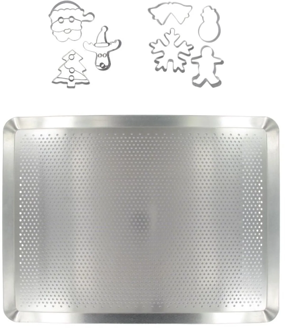 Microgeperforeerde bakplaat van 40 x 30 cm en 7 roestvrijstalen kerstkoekjesvormpjes Zenker Kerstmis van Zenker in Roestvrij staal – productfoto