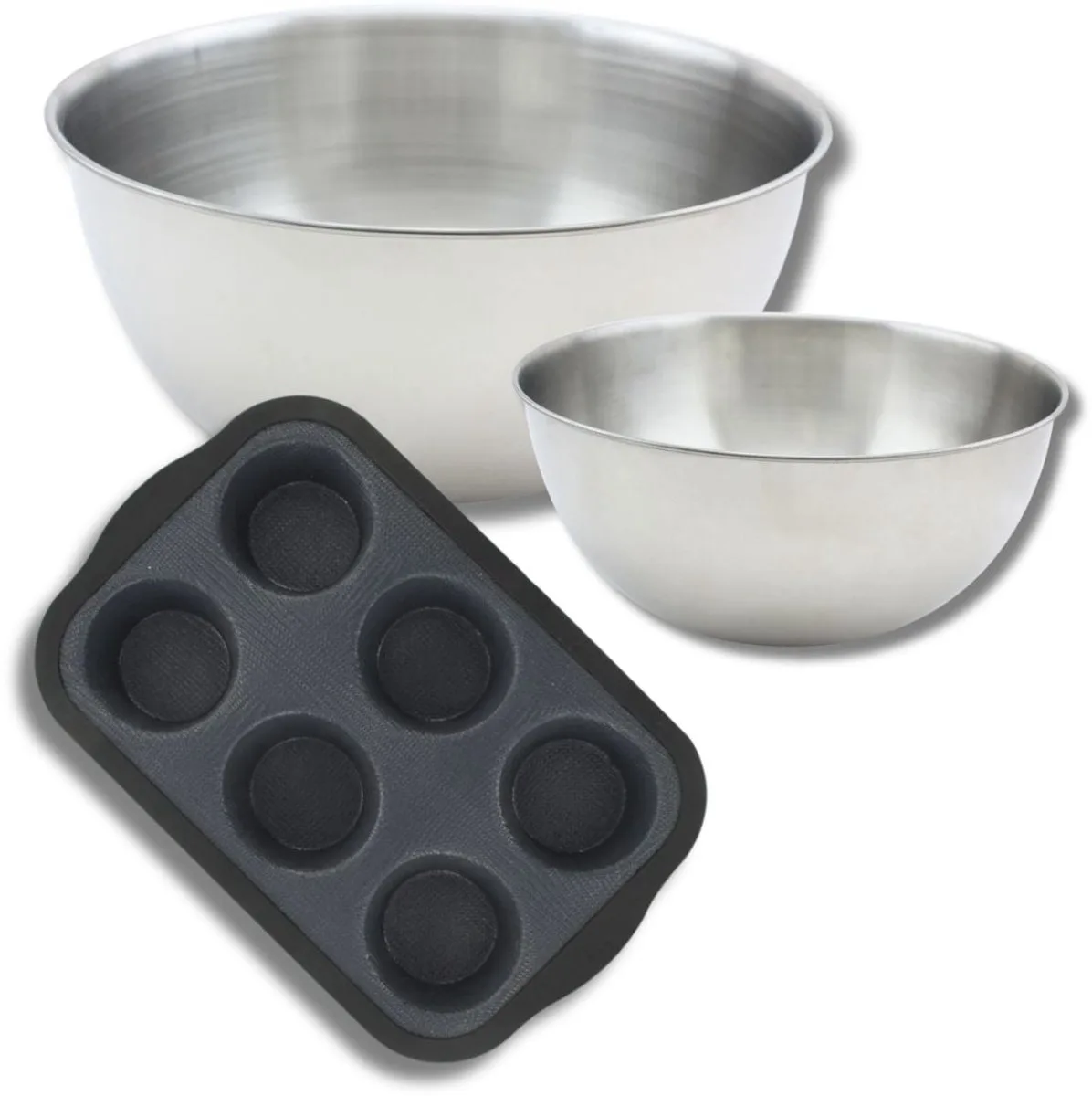 Set bakbenodigdheden met 1 muffinvorm van siliconen met glasvezel, 1 spatel van Zenker en 2 mengkommen van roestvrij staal van Fackelmann de Zenker en Noir, Gris – photo produit