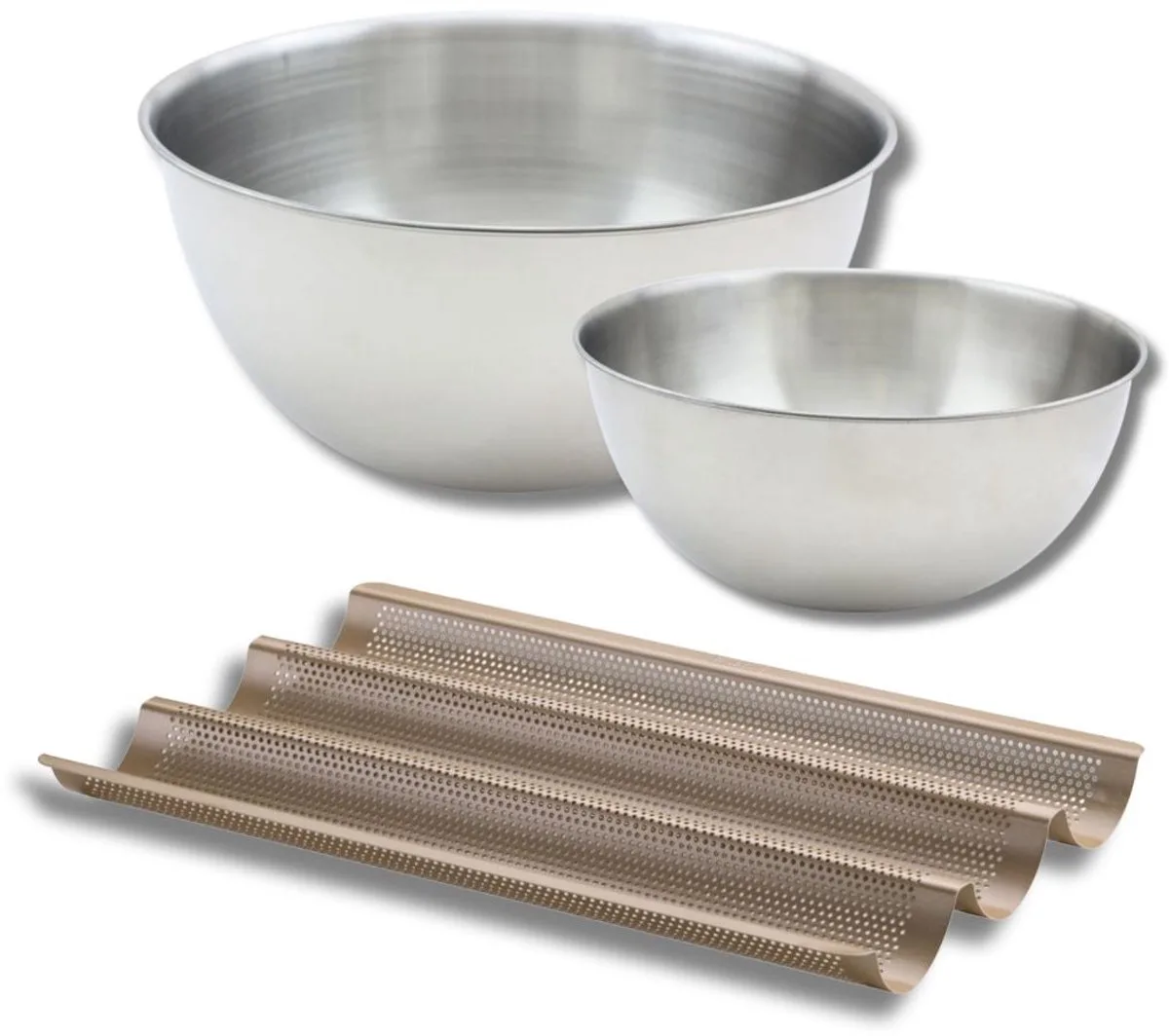 Set bestaande uit 1 baguettevorm met 3 holtes, 1 spatel Zenker en 2 roestvrijstalen mengkommen Fackelmann van Zenker in Goud – productfoto