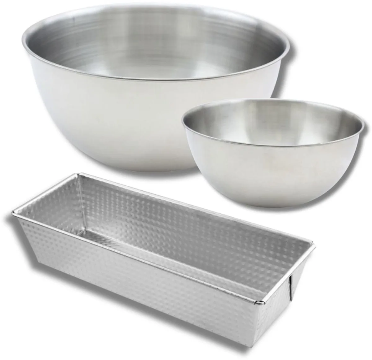 Set bestaande uit 1 cakevorm van getinplateerd staal, 1 spatel Zenker en 2 mengkommen van roestvrij staal Fackelmann von Zenker in Grau – Produktfoto
