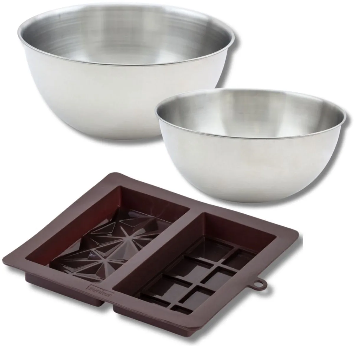 Set bestaande uit 1 chocoladevorm Dubai van siliconen Zenker, 2 mengkommen van roestvrij staal Fackelmann by Zenker in Brown, Roestvrij staal – product photo