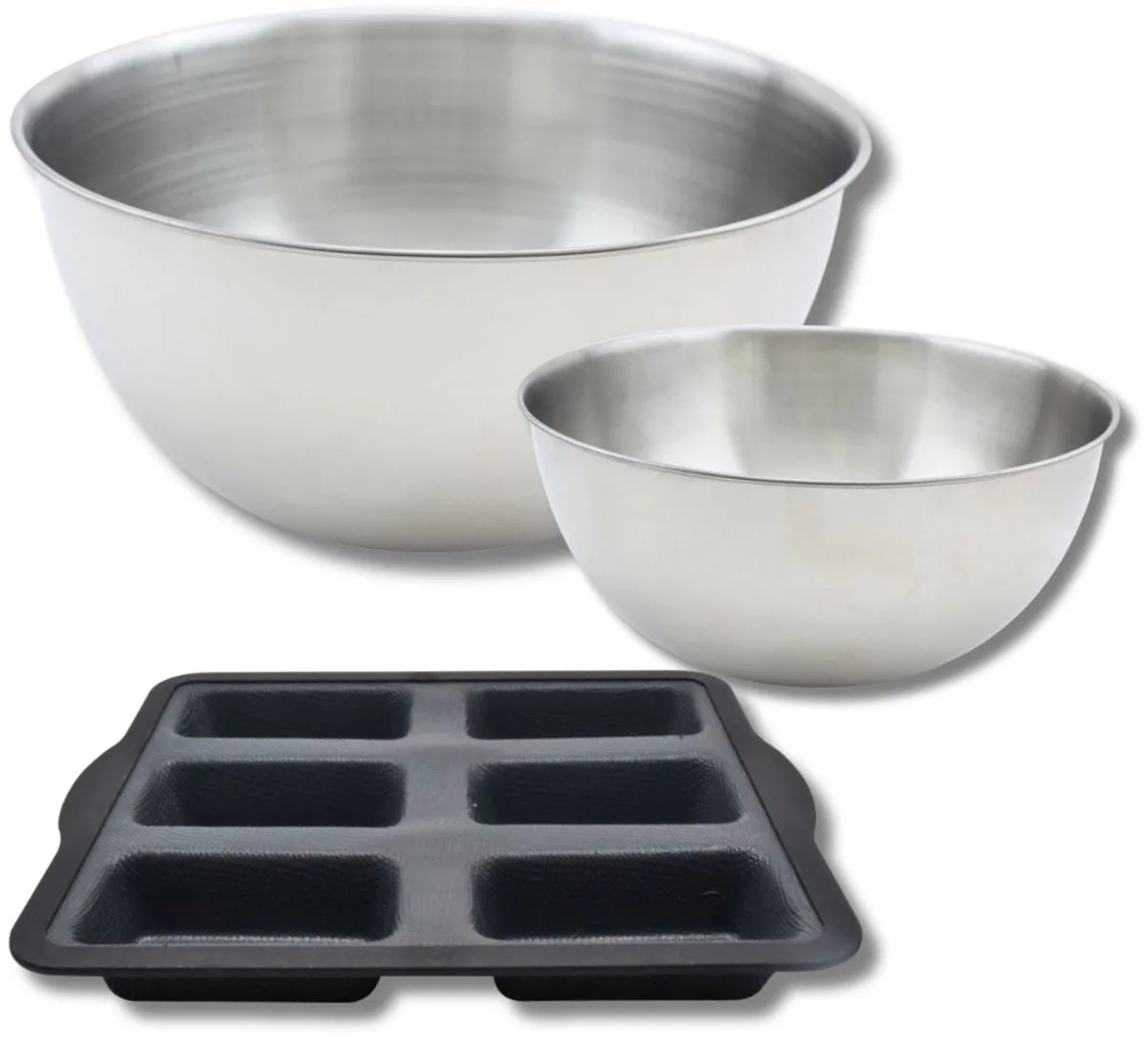 Set bestaande uit 1 financiervorm van siliconen met glasvezel, 1 spatel van Zenker en 2 mengkommen van roestvrij staal van Fackelmann by Zenker in Black, Grey – product photo