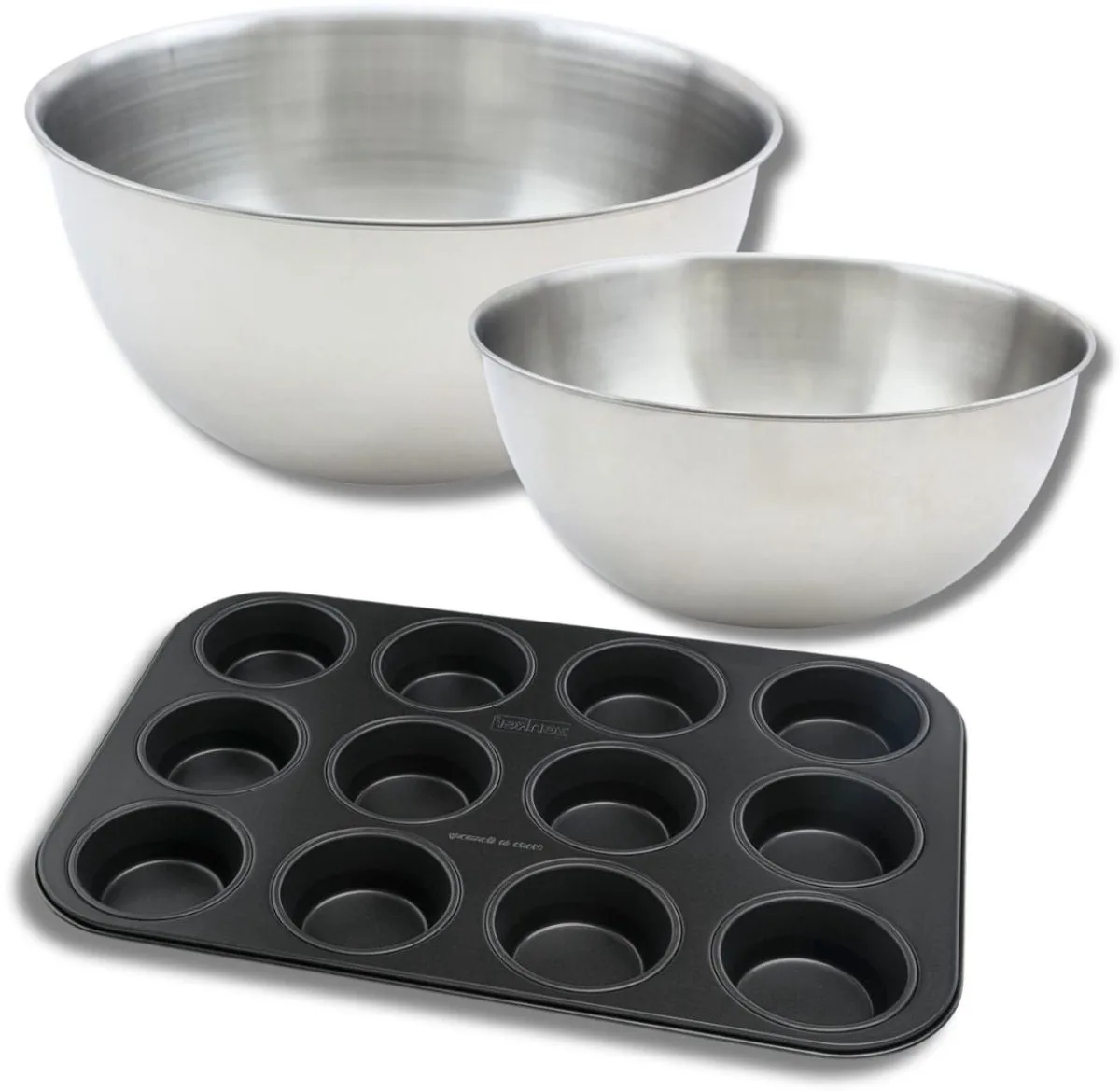 Set bestaande uit 1 Muffinvorm met 12 holtes, 1 spatel Zenker en 2 roestvrijstalen mengkommen Fackelmann fra Zenker i Sort – produktbillede