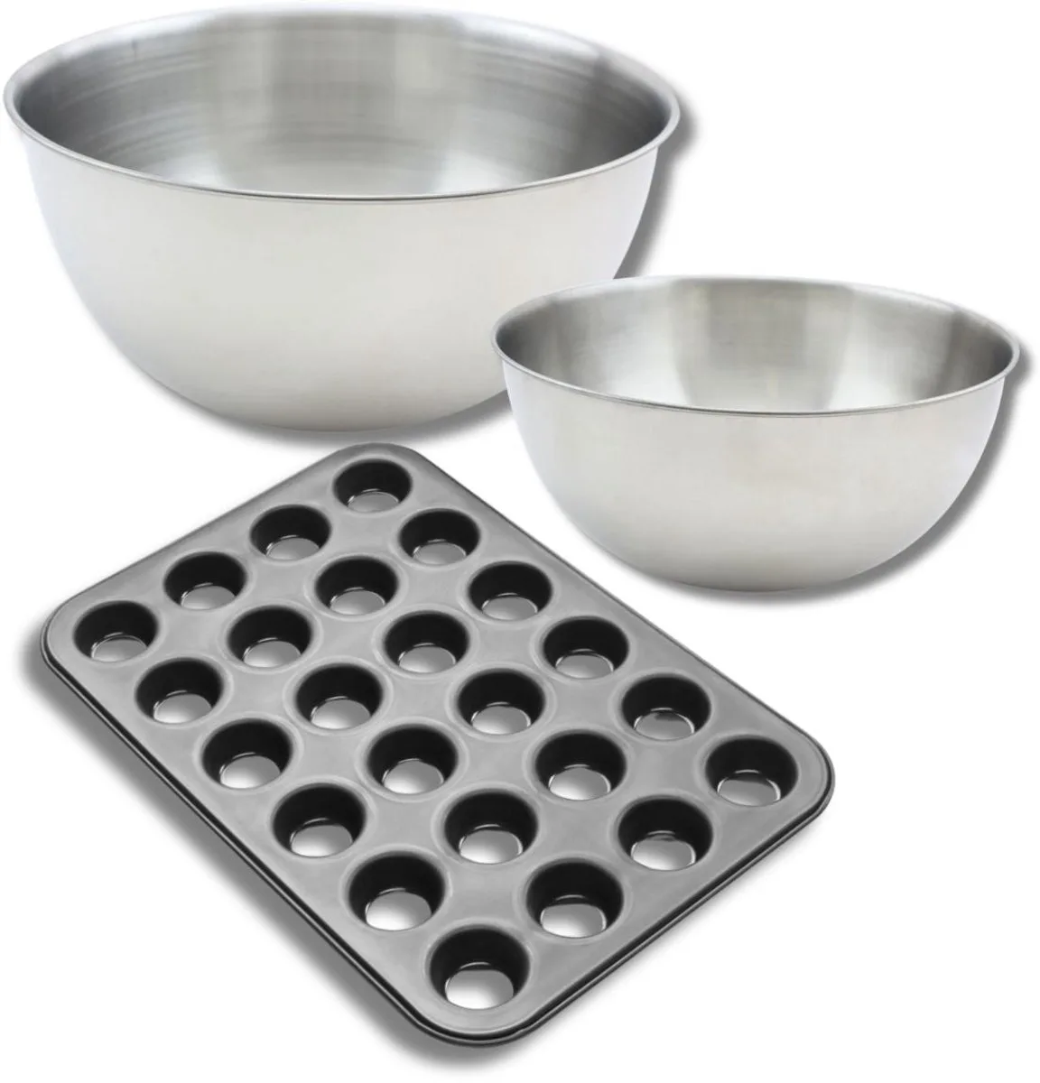 Set bestaande uit 1 muffinvorm met 24 holtes, 1 spatel Zenker en 2 mengkommen van roestvrij staal Fackelmann von Zenker in Schwarz – Produktfoto