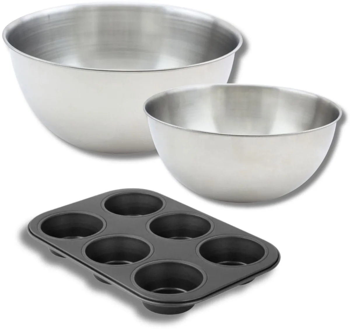 Set bestaande uit 1 Muffinvorm met 6 holtes, 1 spatel Zenker en 2 roestvrijstalen mengkommen Fackelmann de Zenker en Noir – photo produit