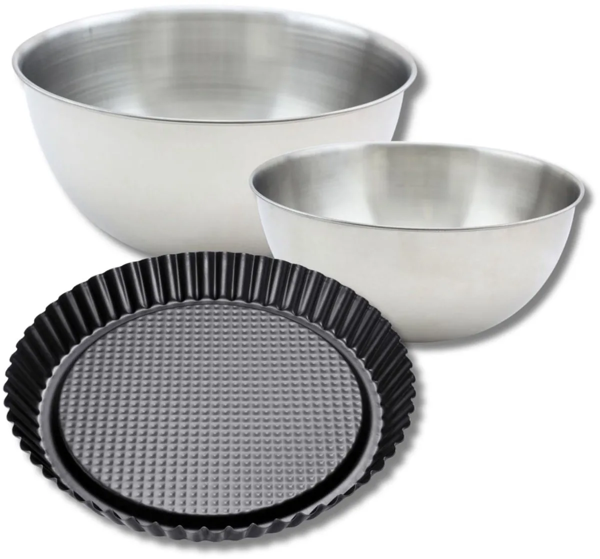 Set bestaande uit 1 omgekeerde taartvorm 30 cm, 1 Zenker spatel en 2 roestvrijstalen mengkommen Fackelmann by Zenker in Black – product photo