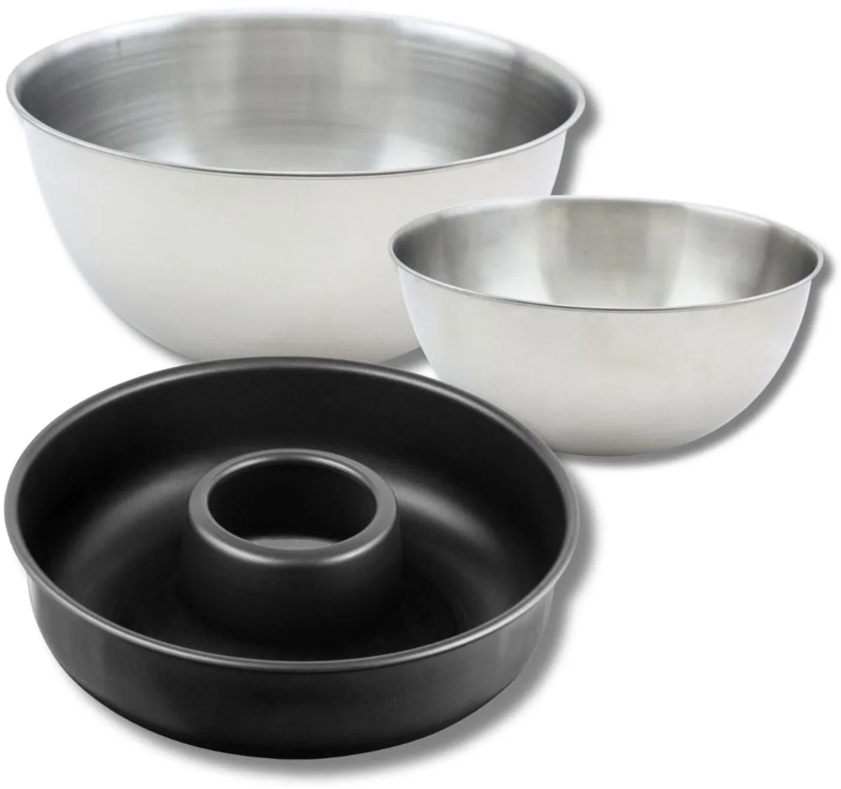 Set bestaande uit 1 Savarinvorm 28 cm, 1 spatel Zenker en 2 mengkommen van roestvrij staal Fackelmann de Zenker en Noir – photo produit