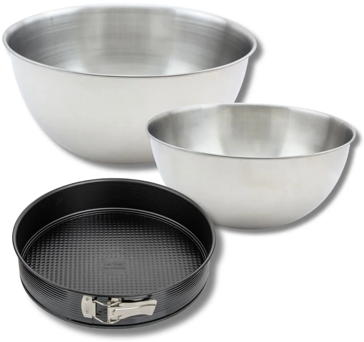 Set bestaande uit 1 springvorm 24 cm, 1 spatel Zenker en 2 mengkommen van roestvrij staal Fackelmann de Zenker en Noir – photo produit