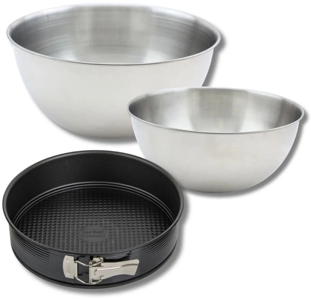 Set bestaande uit 1 springvorm 26 cm, 1 spatel Zenker en 2 mengkommen van roestvrij staal Fackelmann de Zenker en Noir – photo produit