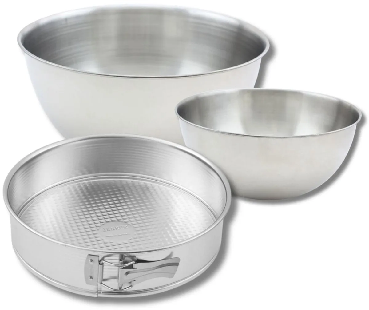 Set bestaande uit 1 springvorm 28 cm, 1 spatel Zenker en 2 mengkommen van roestvrij staal Fackelmann de Zenker en Gris – photo produit