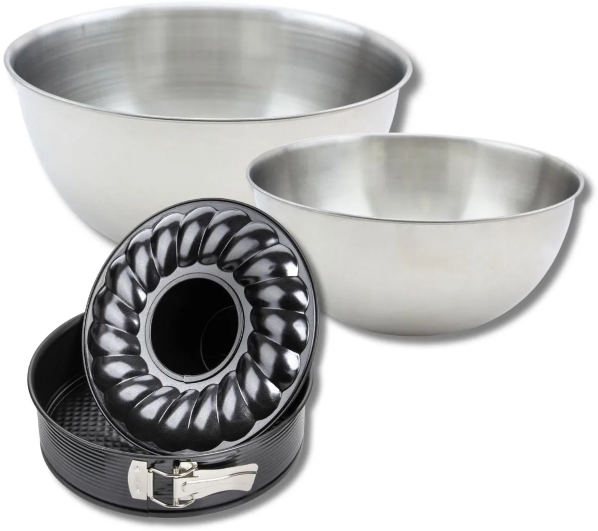 Set bestaande uit 1 springvorm en savarinvorm 24 cm, 1 spatel Zenker en 2 mengkommen van roestvrij staal Fackelmann de Zenker en Noir – photo produit