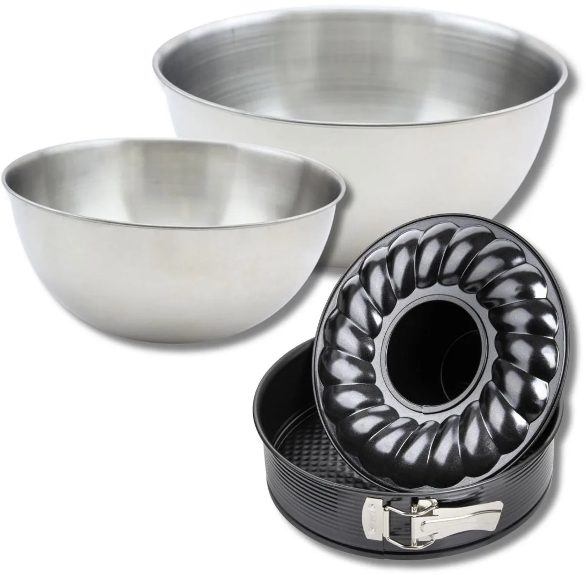 Set bestaande uit 1 Springvorm en Savarinvorm 26 cm, 1 spatel Zenker en 2 mengkommen van roestvrij staal Fackelmann de Zenker en Noir – photo produit