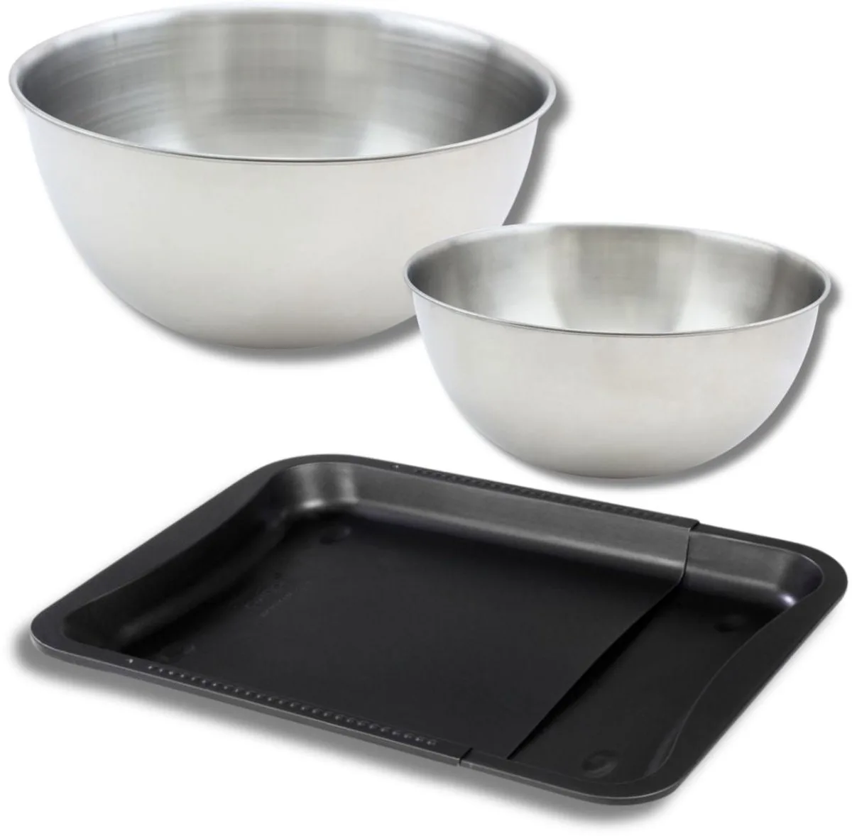Set bestaande uit 1 uitschuifbare bakplaat, 1 Zenker spatel en 2 RVS mengkommen Fackelmann by Zenker in Black – product photo