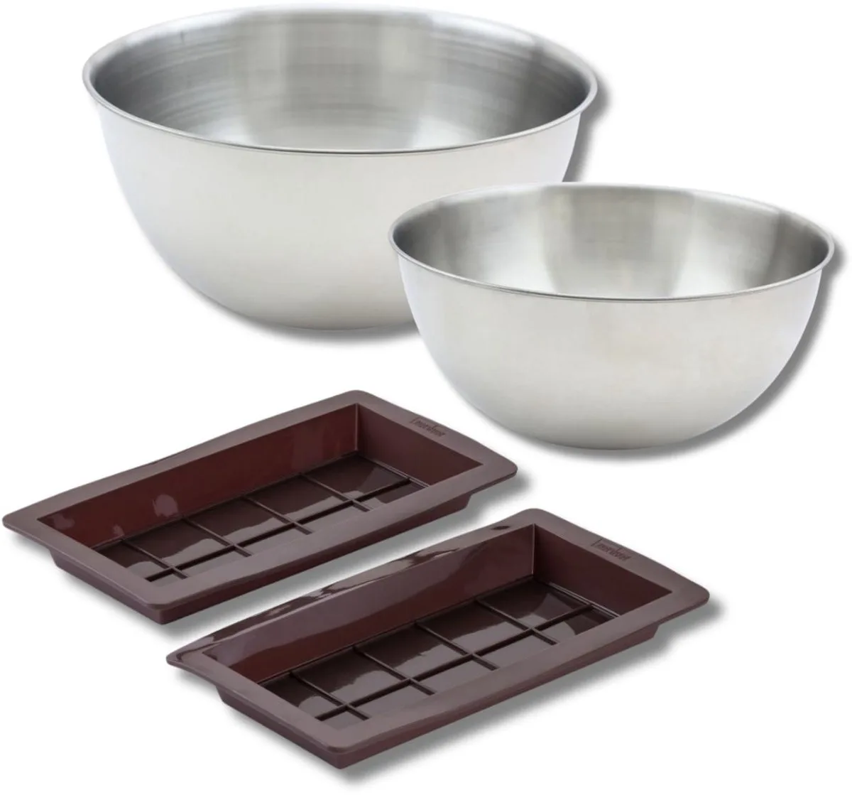 Set bestaande uit 2 chocoladevormen, 1 spatel Zenker, 2 mengkommen van roestvrij staal Fackelmann van Zenker in Bruin, Roestvrij staal – productfoto
