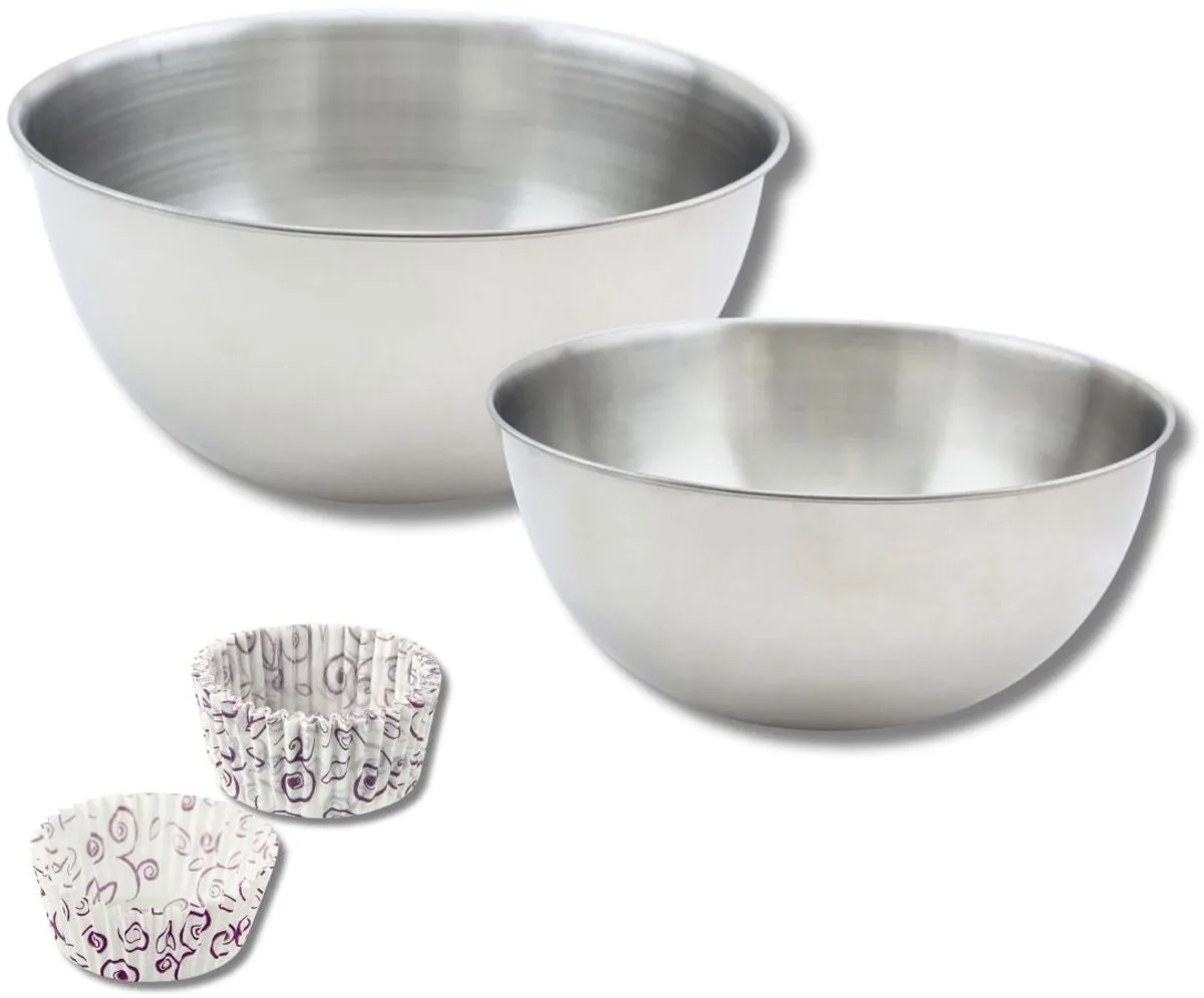 Set bestaande uit 50 papieren muffinvormpjes met paarse bloemmotief Zenker, 2 roestvrijstalen mengkommen Fackelmann van Zenker in Gekleurd – productfoto