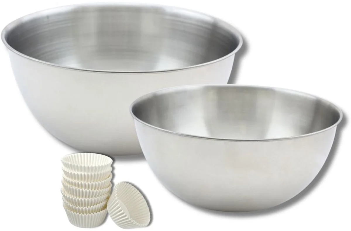Set bestaande uit 75 Zenker muffinvormpjes, 2 roestvrijstalen mengkommen van Fackelmann van Zenker in Wit – productfoto
