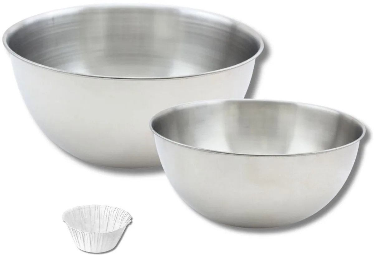 Set bestaande uit een set van 30 muffinvormpjes, 1 spatel Zenker en 2 mengkommen Fackelmann van Zenker in Wit, Paars, Roestvrij staal – productfoto