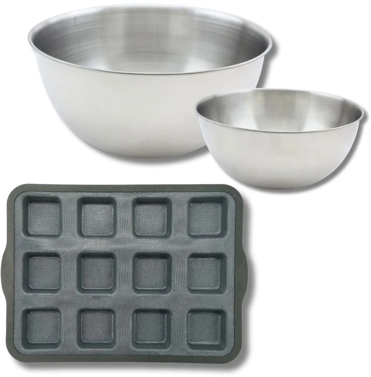 Set met 1 bakvorm voor 12 vierkante cakejes van siliconen met glasvezel, 1 spatel Zenker en 2 mengkommen van roestvrij staal Fackelmann de Zenker en Noir – photo produit