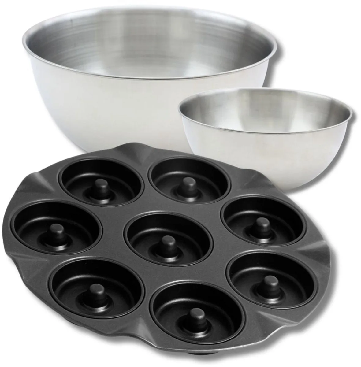 Set met 1 bakvorm voor 8 ovenolieballen, 1 spatel Zenker en 2 roestvrijstalen mengkommen Fackelmann von Zenker in Schwarz – Produktfoto