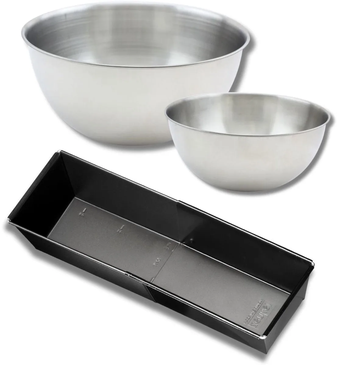 Set met 1 cakevorm van 28 tot 40 cm, 1 spatel Zenker en 2 mengkommen van roestvrij staal Fackelmann von Zenker in Schwarz – Produktfoto