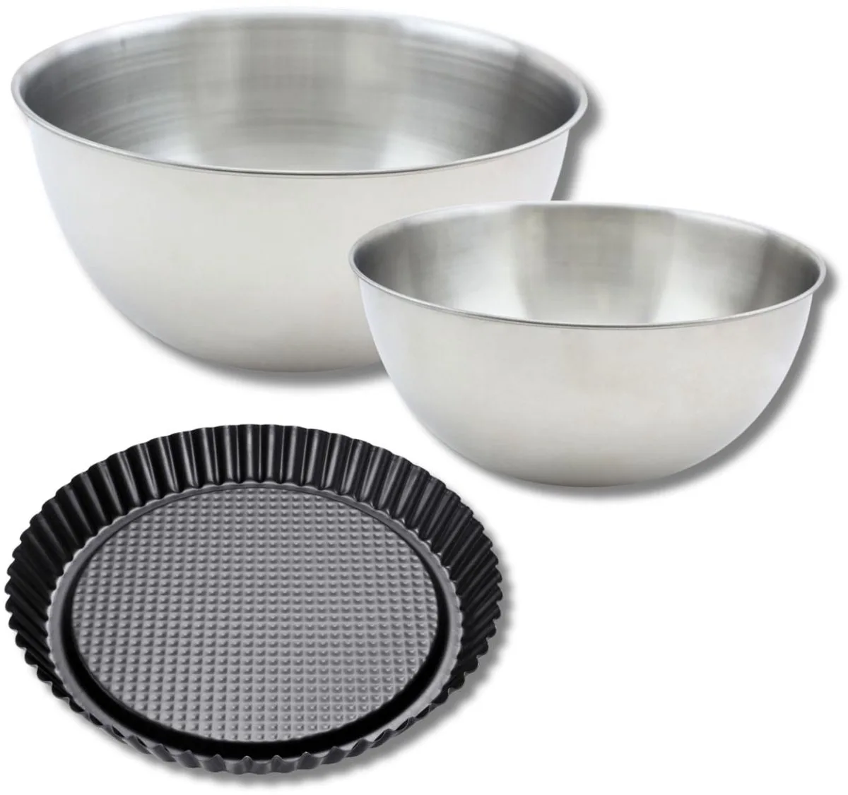 Set met 1 omgekeerde taartvorm 28 cm, 1 spatel Zenker en 2 roestvrijstalen mengkommen Fackelmann de Zenker en Noir – photo produit