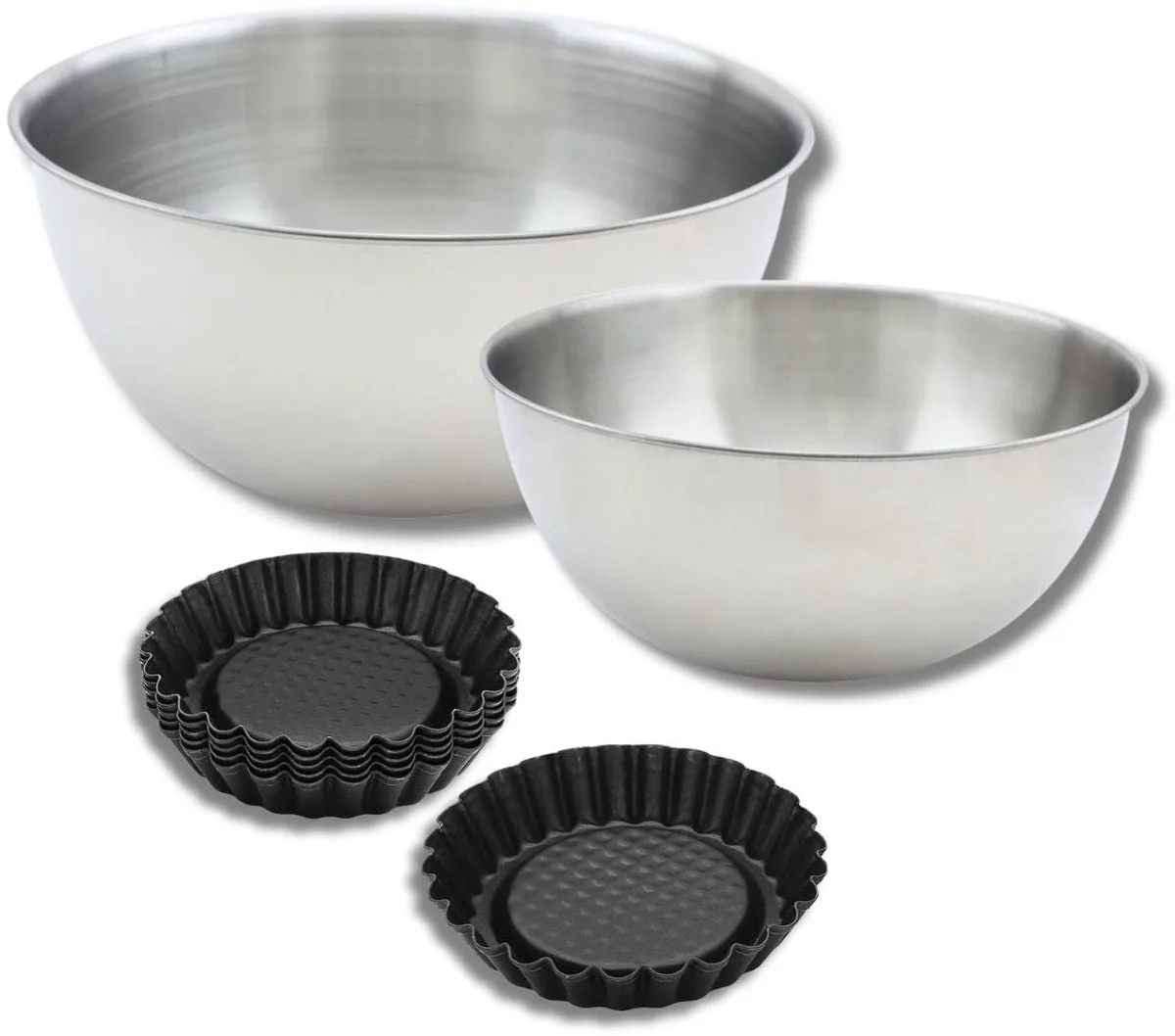 Set met 1 set van 6 taartvormpjes, 1 spatel Zenker en 2 roestvrijstalen mengkommen Fackelmann van Zenker in Zwart – productfoto