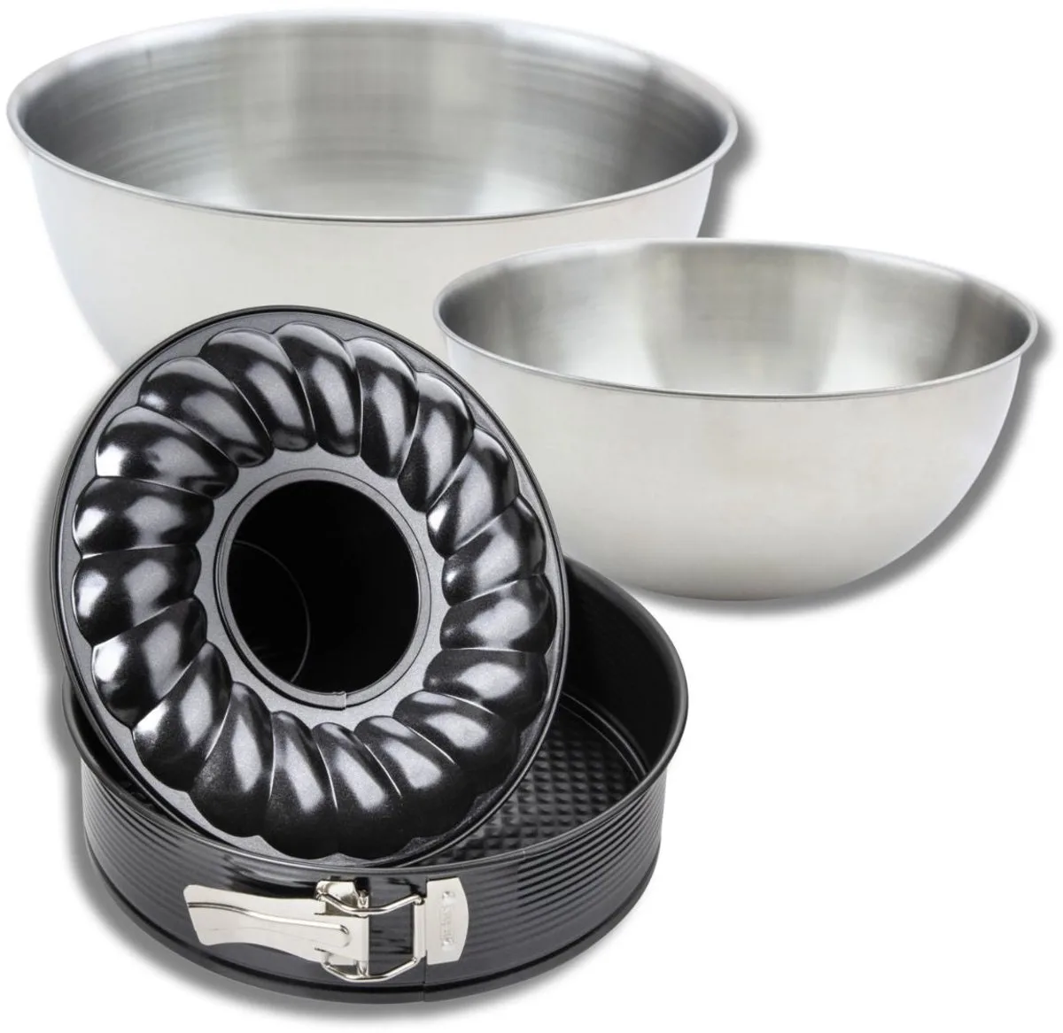 Set met 1 springvorm en savarinvorm 28 cm, 1 spatel Zenker en 2 roestvrijstalen mengkommen Fackelmann van Zenker in Zwart – productfoto