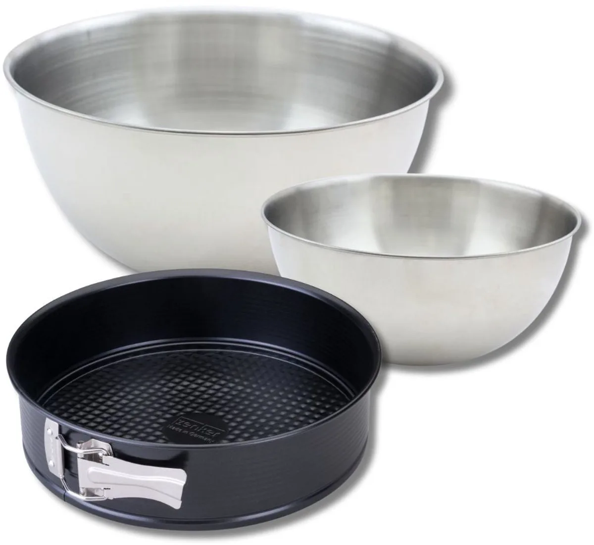 Set met 1 springvorm van 24 cm, 1 spatel Zenker en 2 roestvrijstalen mengkommen Fackelmann de Zenker en Noir – photo produit