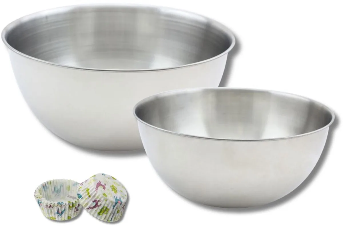 Set met een partij van 50 muffinvormpjes, 1 spatel Zenker en 2 roestvrijstalen mengkommen Fackelmann by Zenker in White, Gekleurd, Roestvrij staal – product photo