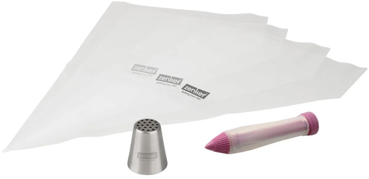 Set spuitzakken, spuitmondje en decoratiestift voor taarten Zenker Speciale Voetbal de Zenker en Transparent, Rose, Roestvrij staal – photo produit