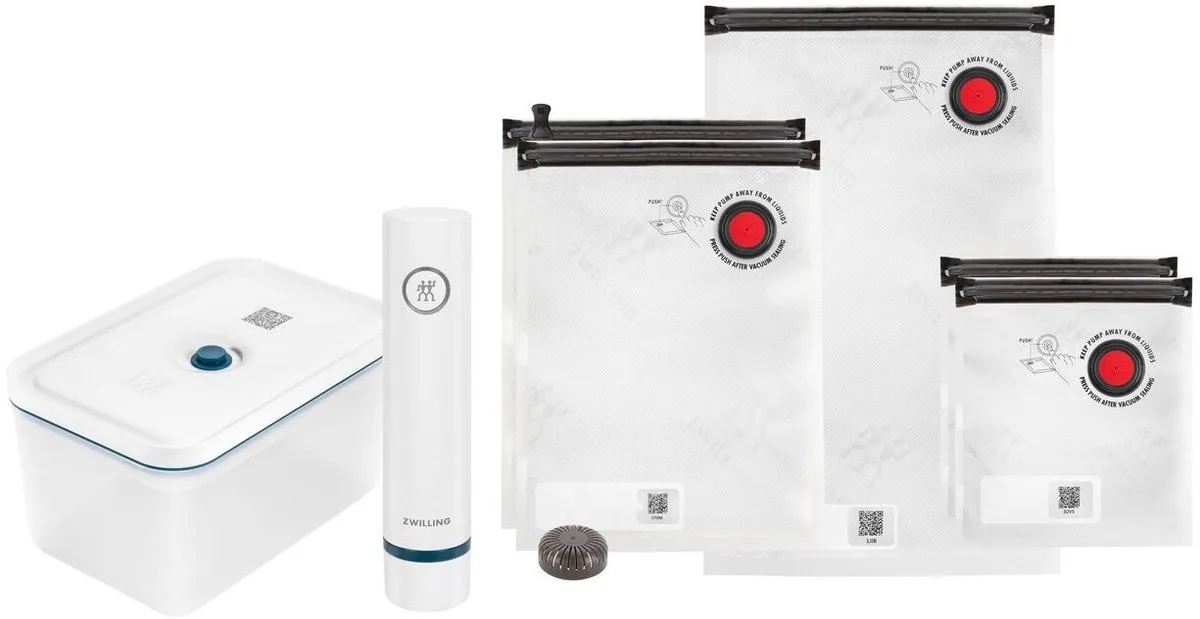 Fresh & Save Vacumeermachine – 7-delige Startset Vacuüm Sealer – La Mer - Vacuümzakken (5x) – Plastic Vacuüm Bewaardoos (1x) – Vacuümpomp (1x) de Zwilling en Transparent – photo produit