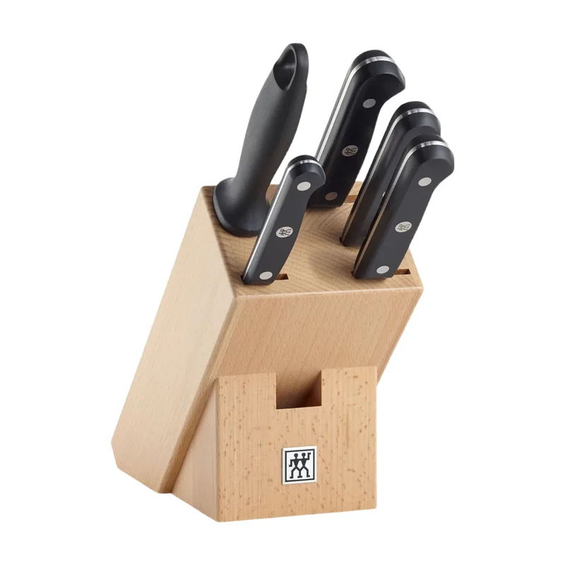 Gourmet 6-teiliges Messerset, Buchenholzblock, schwarze Griffe, Kochmesser + Brotmesser + Tranchiermesser + Spickmesser + Schärfstahl, spülmaschinenfest van Zwilling – productfoto
