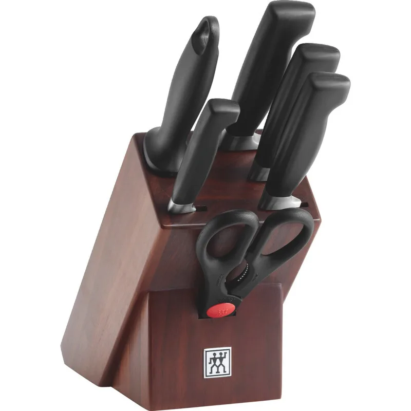 VierSterne 7-teiliges Messerblock-Set, Walnussfarben, Abmessungen 19 x 29 x 19 cm, Paketgewicht 3 kg, Spezielle FRIODUR Edelstahl-Eisklingen, Kunststoffgriffe, Messerblock in Walnussoptik, Enthält Gemüsemesser 8 cm, Tranchiermesser 16 cm, Kochmesser 20 cm, Brotmesser 20 cm, Schärfstahl 23 c by Zwilling – product photo