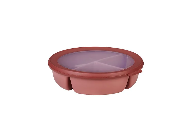 Lunchbox Bento-Schüssel rund mit 3 Fächern, luftdicht, für Meal-Prep, Polypropylen (PP), Thermoplastische Elastomere (TPE), Vivid Mauve, Mahlzeiten getrennt aufbewahren van Mepal in Rood – productfoto