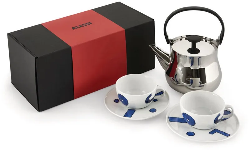 Cha Theeketel met 2 Theekoppen en Schotels - 900 ml - Porselein - Inductie van Alessi in Rvs – productfoto
