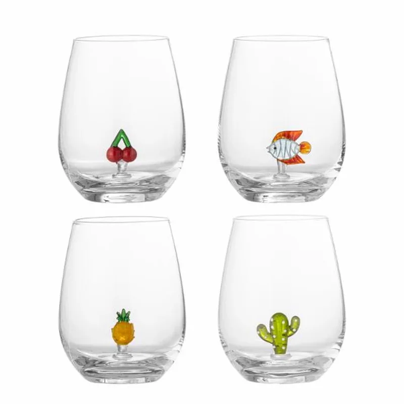 Misa Drinkglazen – set van 4 mondgeblazen glazen met cactus, kers, vis en ananas de Bloomingville en Transparent – photo produit 1 sur 5