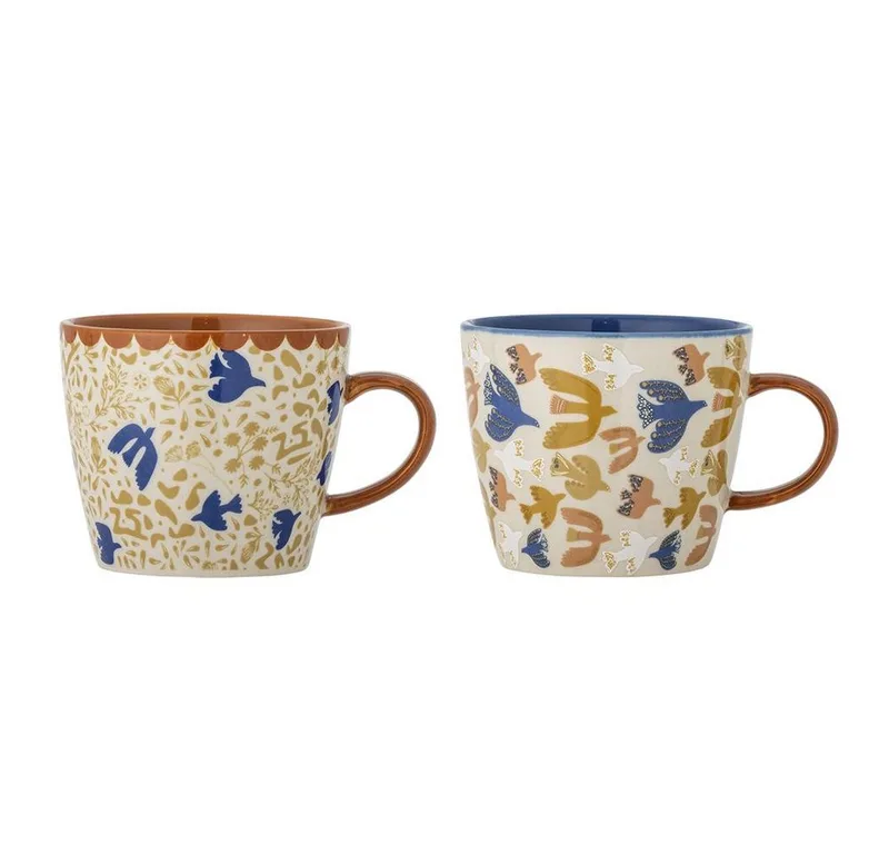 Tasse Anniversary Becher, Steingut, D9,5xH8 cm, 2er Set, Steingut, Grafisches Motiv, Teebecher, Kaffeebecher Set, Handbemalt, Decal Druck by Bloomingville in Multicolour – product photo 1 of 5