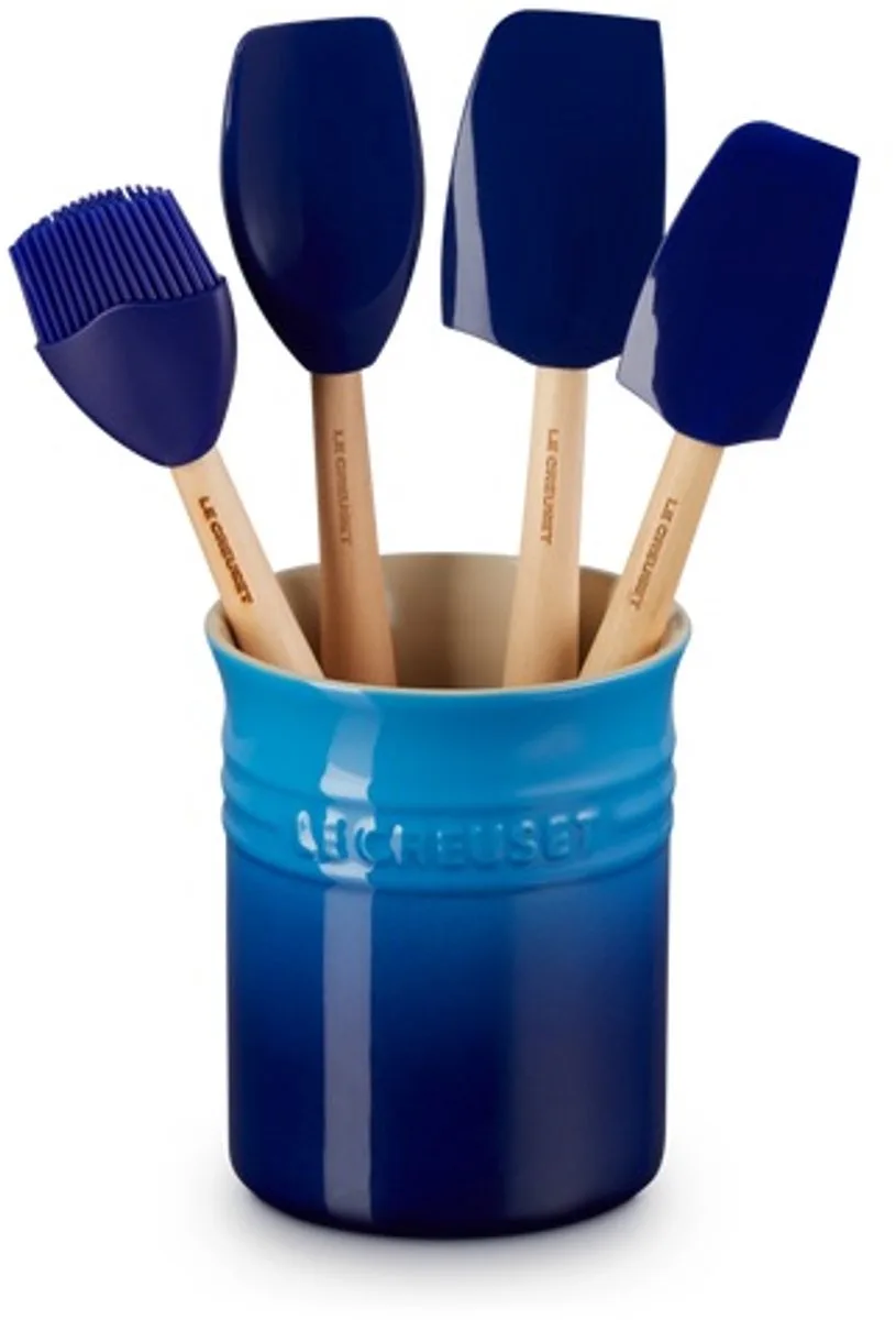 aardewerken spatelpot met 4 spatels - azure fra Le Creuset i Azure blauw – produktbillede