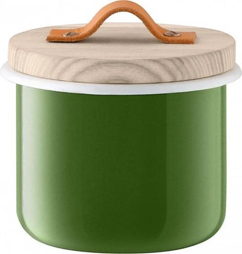 Utility Voorraadpot - Incl. Eikenhouten Deksel - Geëmailleerd Staal - Ø 14 x 11,5 cm van LSA International in Groen – productfoto